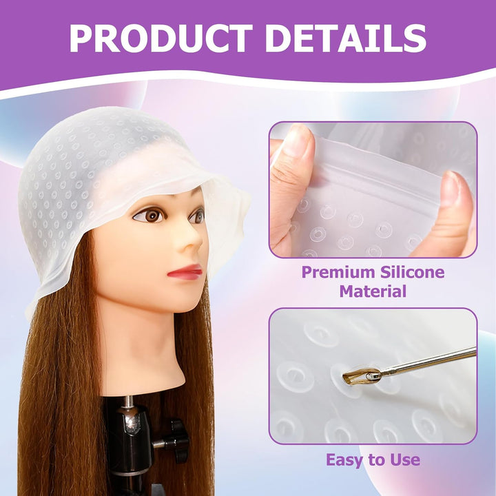 Silicone Highlighting Cap with Pre-Punched Holes, Reusable Professional Unisex Hair Streaking Cap with Hair Picking Hook for Hair Coloring Dyeing Staining, Salon and Home Use (White, 1 Pcs)
