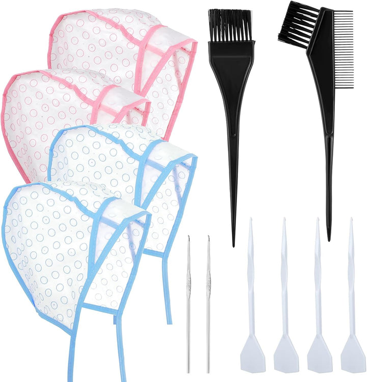 12 Pcs 4 Sets of Highlight Cap with Hooks, Hair Highlighting Caps, Highlight Hair Coloring Frosting Dye Kit for Salon Hair Dyeing Hairdressing (Purple+Pink)