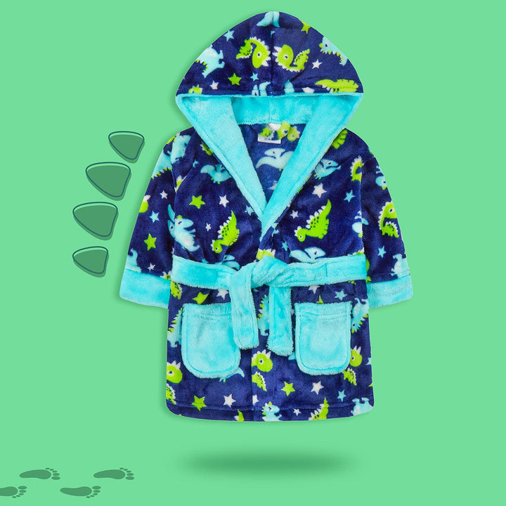 Baby Boys Dino Dressing Gown Hooded Bathrobe Kimono Robe Dinosaur Print Size 6-24 Months