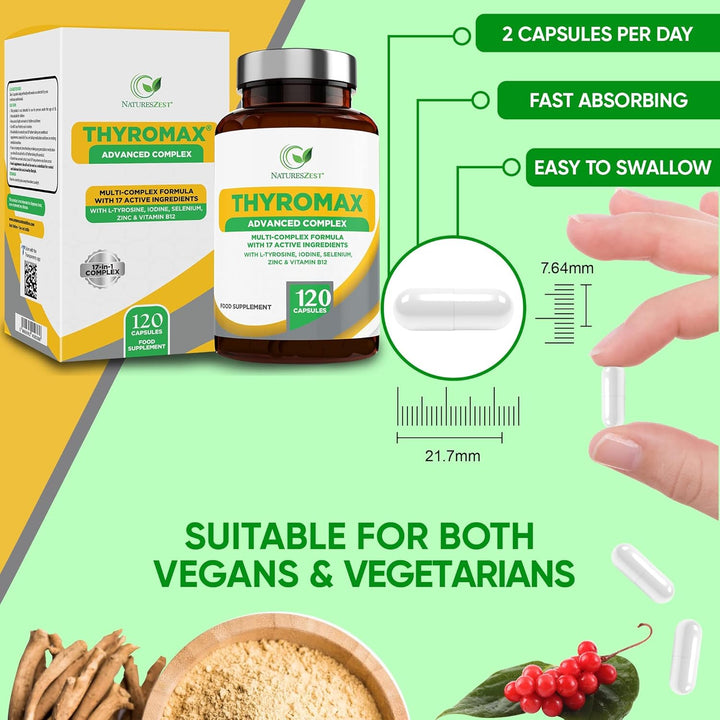 Thyromax - Thyroid Support Supplement - 120 Vegan Capsules - 17 Active Ingredients Including Iodine, L-Tyrosine, Ashwagandha, B12 and Zinc - Energy & Focus Formula -UK Made, 2 Month'S Supply