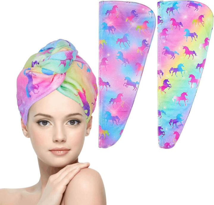 2 Pack Microfibre Hair Towels - Quick Drying & Ultra Absorbent, with Button. Designed for Wet Hair Wraps, Women'S & Girls' (Mermaid)