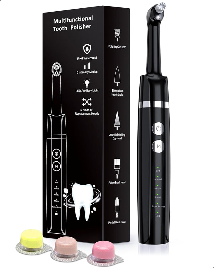 Tooth Polisher,  Teeth Whitening Kit with 5 Modes for Plaque Stain Removal Yellow Teeth, Teeth Polisher Stain Remover with 5 Heads & 3 Polishing Paste, Rechargeable