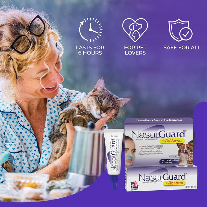 For Pet Lovers Allergy Relief, Pet Hair & Dander Blocker Nasal Gel - Drug-Free, Safe for the Whole Family, Non-Irritating, Moisturizing, Made in USA (Unscented, 3 Gram)