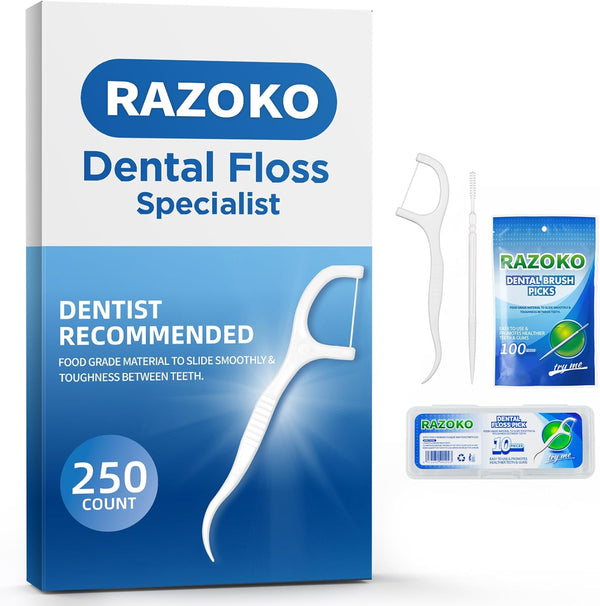 Dental Floss Picks High Toughness Toothpicks Sticks 250Pcs with Portable Cases and 100Pcs Brushpicks Interdental Toothpicks Perfect for Travel & Family Oral Hygiene