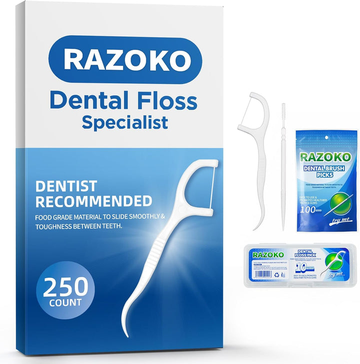 Dental Floss Picks High Toughness Toothpicks Sticks 250Pcs with Portable Cases and 100Pcs Brushpicks Interdental Toothpicks Perfect for Travel & Family Oral Hygiene