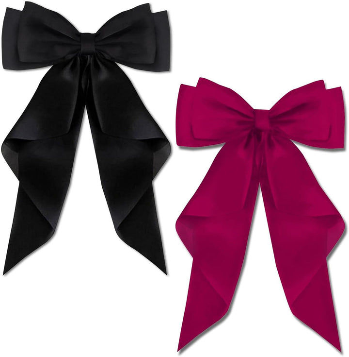 2 PCS Big Bow Hair Clips with Long Silky Satin, Solid Color French Barrette Simple Hair Fastener Accessories for Women Girls
