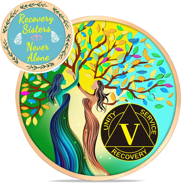 5 Year Sobriety Coin for Women, Recovery Sisters AA Medallion, Tree of Life AA Coin, 5 Year AA Chip, Sobriety Gifts for Women, Alcoholics Anonymous Anniversary Token