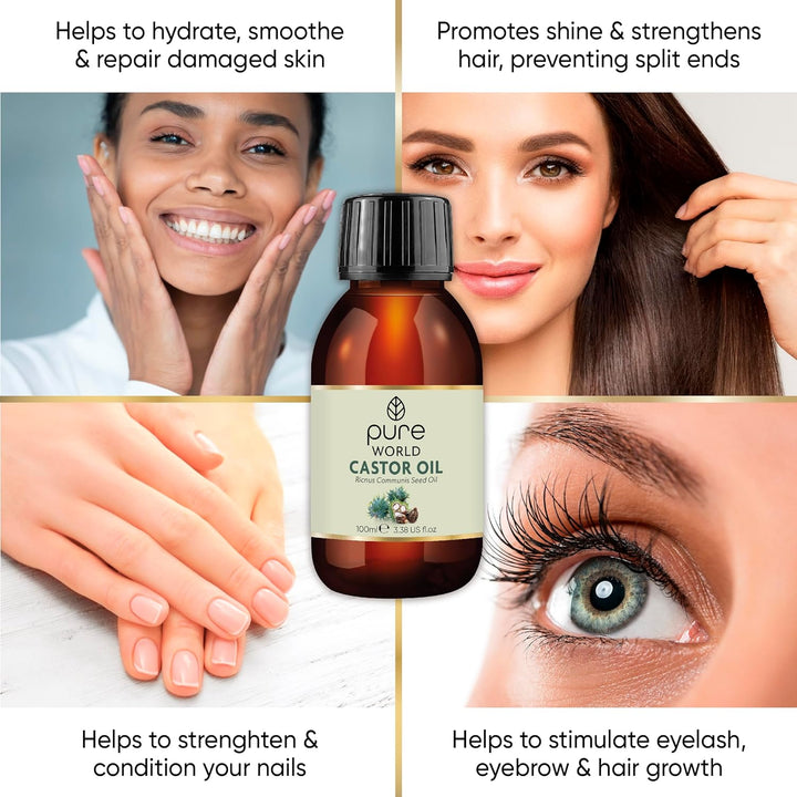 Natural Castor Oil 100Ml. Cold & Freshly Pressed 100% Pure and Undiluted Hexane Free for Eyebrows, Nails, Beard, Hair, Eyelash Growth Cruelty Free Food Grade