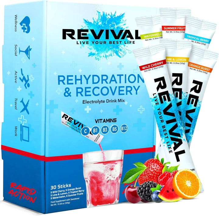 Revival Rapid Rehydration Electrolytes Powder - High Strength Vitamin C, B1, B3, B5, B12 Supplement Sachet Drink, Effervescent Electrolyte Hydration Tablets - 12 Pack Assorted Flavours