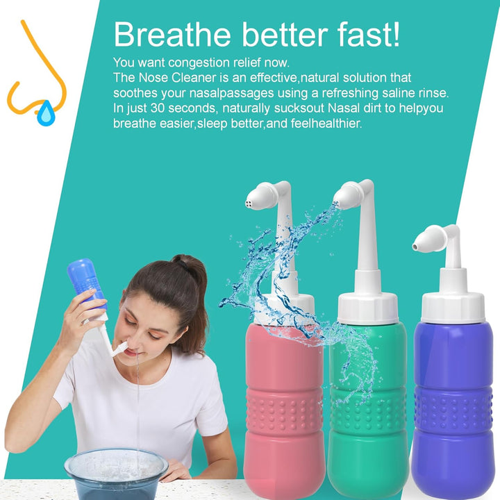 Travel Sinus Rinse Kit +5 Nasal Wash Salt Packets Neti Pot with 2 Soft Nozzle Nasal Rinse Mix Nose Wash Bottle 300Ml + Nasal Sprayer with Nasal Rinse Mix +Bag BPA Free,Blue
