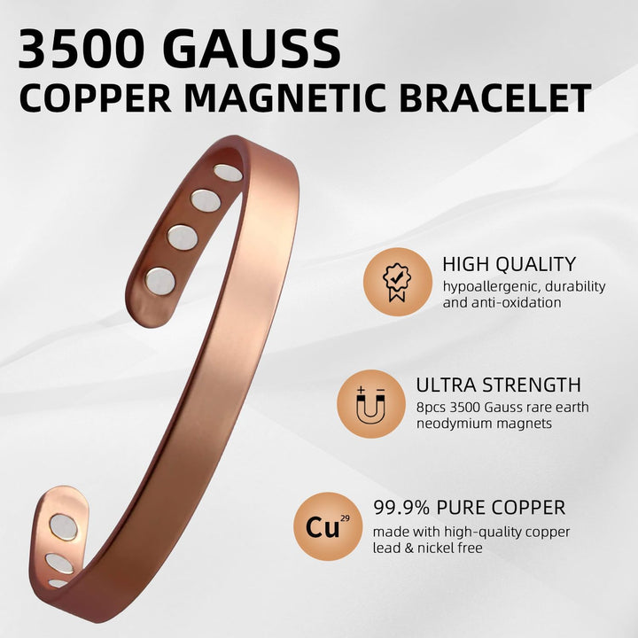 Copper Magnetic Bracelet for Men and Women 99.9% Pure Copper Bangle 6.8" Adjustable with 8 Magnets (Plain Design)