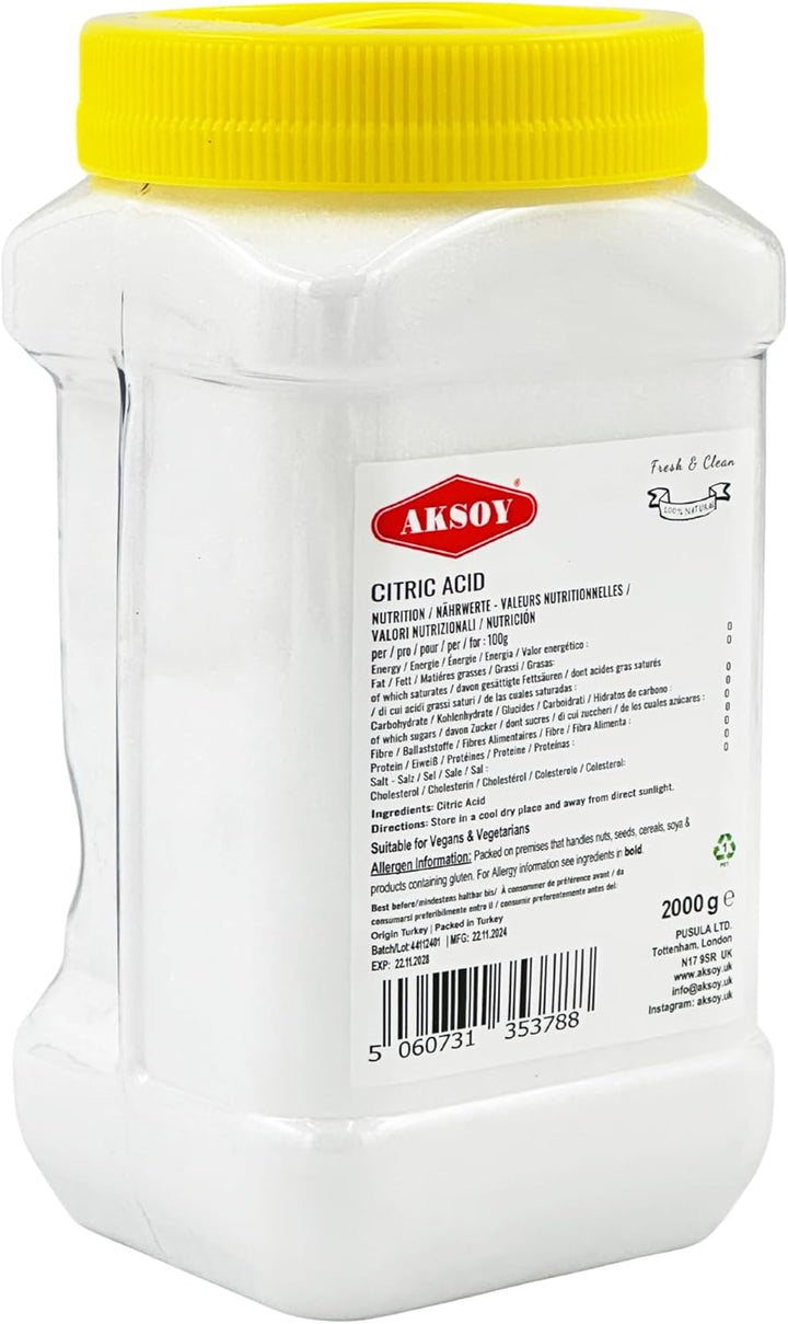 Citric Acid Food Grade 2KG Jar || Non-Gmo, Anhydrous, Make Your Own Bathbomb, No Additives, Sour Drinks, Household Cleaning with Citric Acid Powder