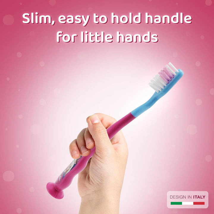 Barbie Little Teeth Toothbrush for Kids with Protection Cap, Soft Rounded Bristles, Comfortable Handle Grip and Suction Cup for Upright Storage for Children Ages 3+