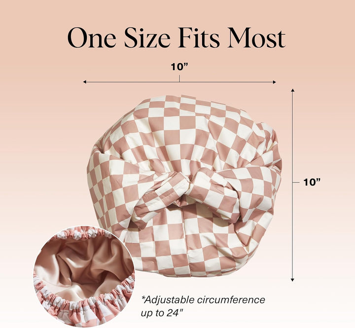 Luxury Shower Caps for Women Reusable Waterproof - Flexi Satin Lined, Large Wide Shower Cap for Women & Men, Adjustable, Stylish Hair Cap for Shower, for Long & Short Hair - Terracotta Checker