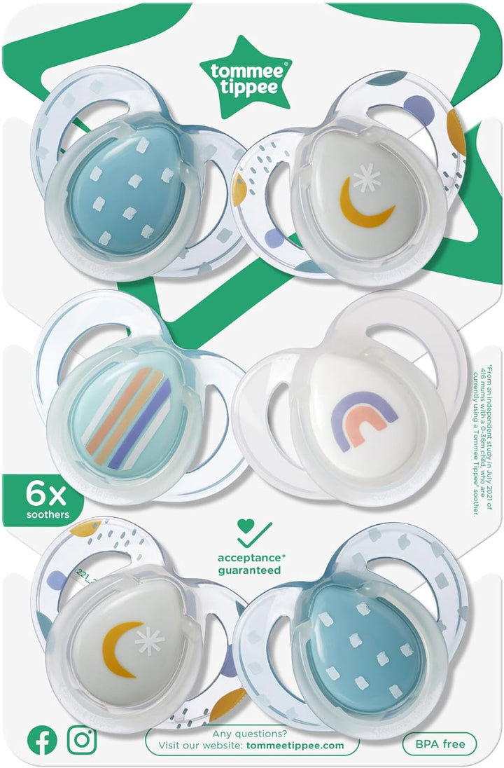 Nighttime Soothers, 6-18M, 6 Pack, Glow in the Dark, Varied Colours and Designs, Symmetrical Orthodontic Dummy, Bpa-Free Silicone Teat