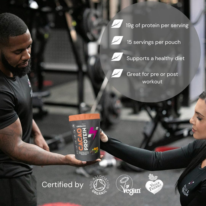 Organic Protein Powder - Cacao Vegan Protein Powder (450G - 15 Servings) Natural Powdered Ingredients, No Artificial Sweeteners, Dairy, Gluten, Soy Free, Pea Protein
