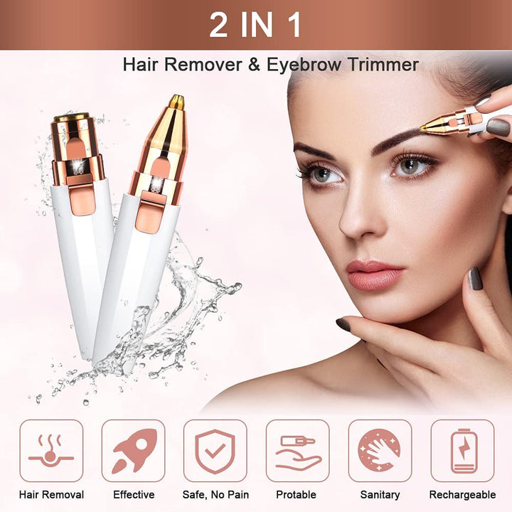 Facial Hair Remover for Women, 2 in 1 Eyebrow Trimmer & Face Hair Remover, Rechargeable Waterproof Painless Lady Shaver for Lips Nose Face Body Peach Fuzz