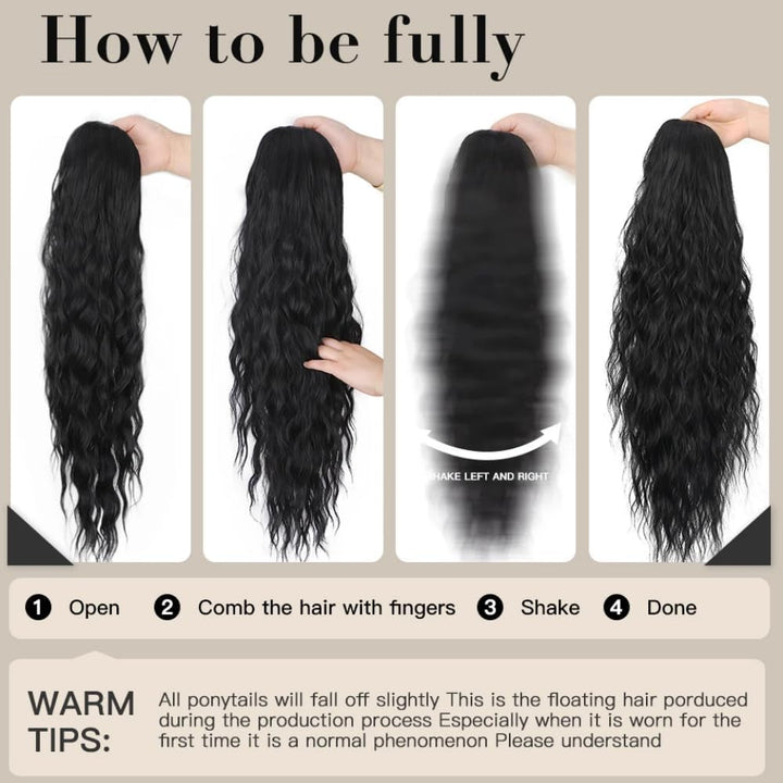 Black Hair Claw Clip with Long Curly Wavy Ponytail Extensions - Drawstring Ponytail for Women - Natural Black (18'')