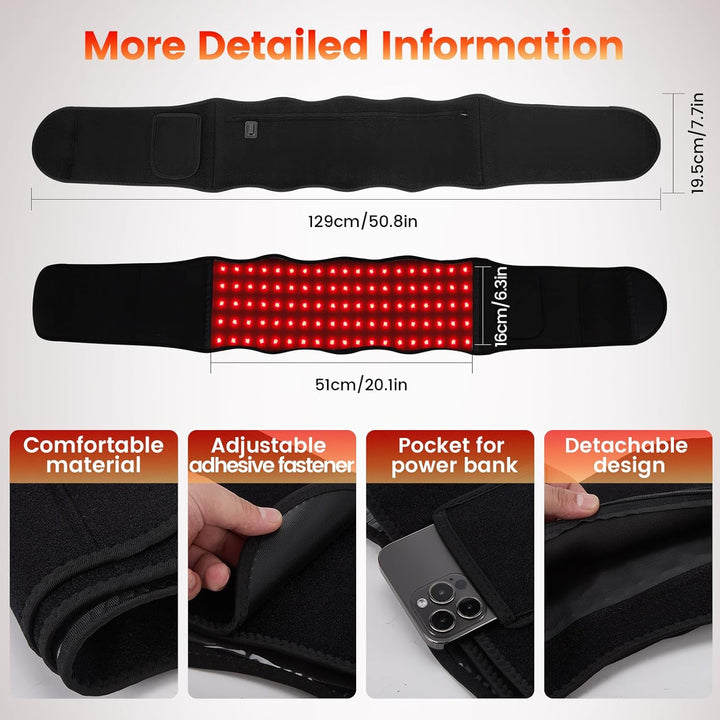Red Light Massaging Belt for Body, 660Nm Red Light & 850Nm Near-Infrared Light Wrap Belt with 6 Time Settings, 5 Lighting Modes, 5 Massaging Levels, Back Support Massager Belt for Legs, Back, Waist