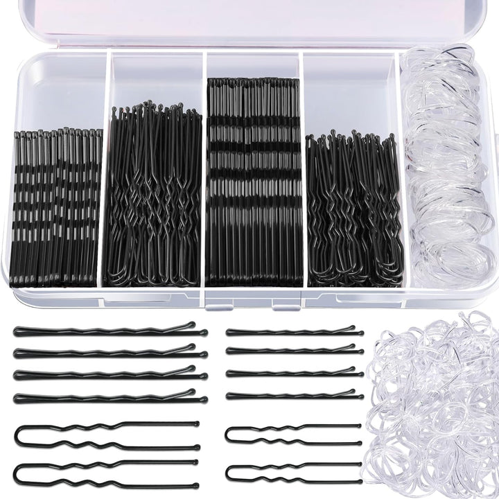 300Pcs Bobby Pins Kit - 100 Hair Pins for Women, 100 Brown, 100 Hair Bands - U Shape Pins for Buns, 2Inch, 2.36Inch, 2.75Inch