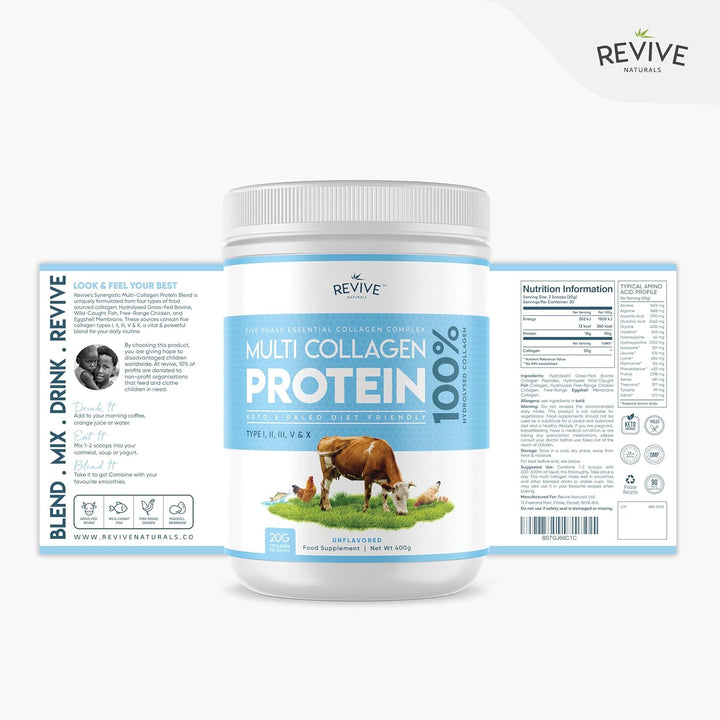 Multi Collagen Protein Powder 400G - Types I, II, III, V & X - Hydrolyzed Grass Fed Bovine, Wild Caught Fish, & Free-Range Chicken & Eggshell Collagen (1 Month Supply) by