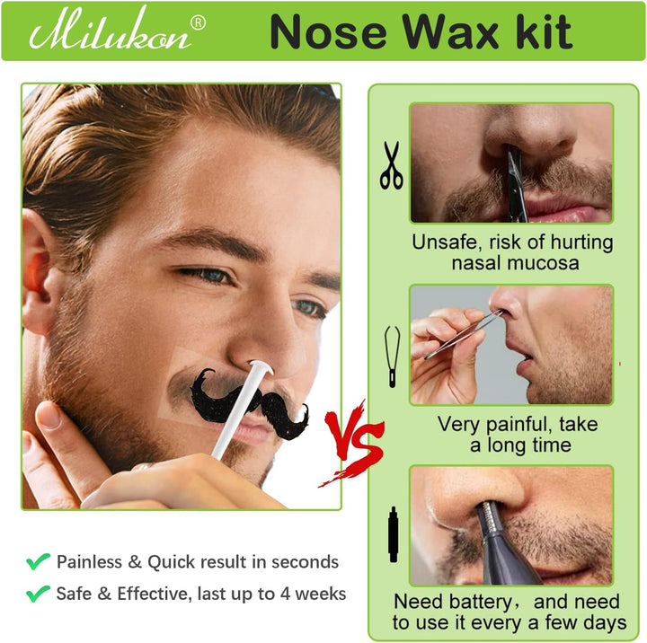 Nose Wax Kit for Men and Women, Nose Hair Removal Wax with 100G Nasal Hair Wax 20 Safe Tip 10 Wooden Applicators, 10 Containers and 10 Moustache Stencils,Painless, Easy and Quick
