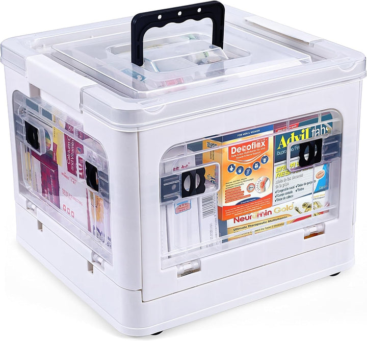 Extra Large Medicine Storage Box with Handles and Wheels, First Aid Box Clear Medicine Organiser with Removable Tray, Multipurpose Plastic Medication Storage Boxes