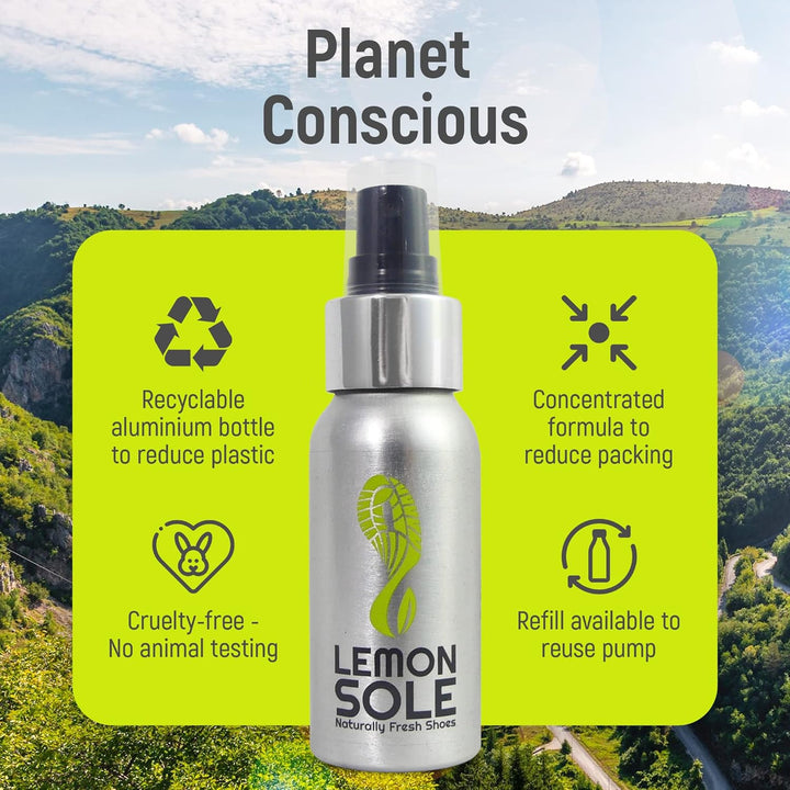 Natural Shoe Freshener & Deodoriser with 6 Powerful Essential Oils for Long-Term Odour Control, Great for Sports, Fresh Lemon Scent. Lemon Fresh Shoes Every Day.