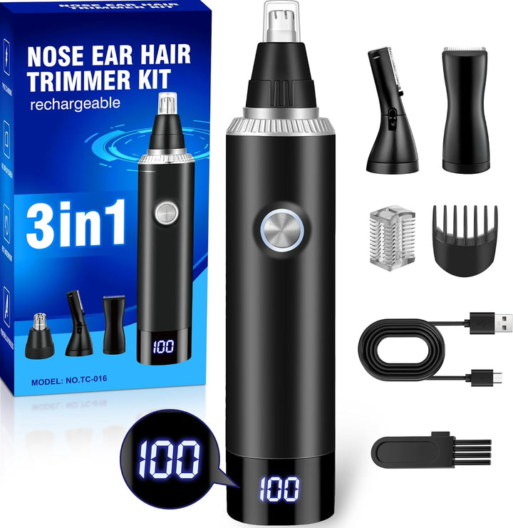 Rechargeable Nose Hair Trimmer for Men and Women, 3-In-1 Professional Painless Eyebrow and Facial Hair Trimmer, IPX7 Waterproof Nose Trimmer Men with Dual Edge Blades,Eyebrow Trimmer