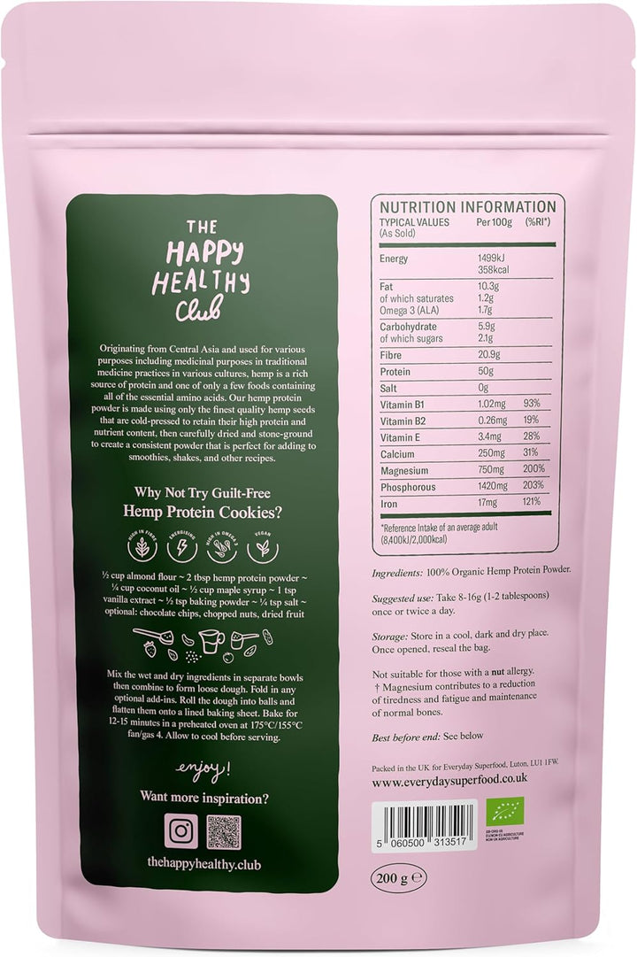 Organic Hemp Protein Powder 200G, 50% Protein Content, Raw, Cold Pressed Hemp Seeds, Vegan Protein Powders