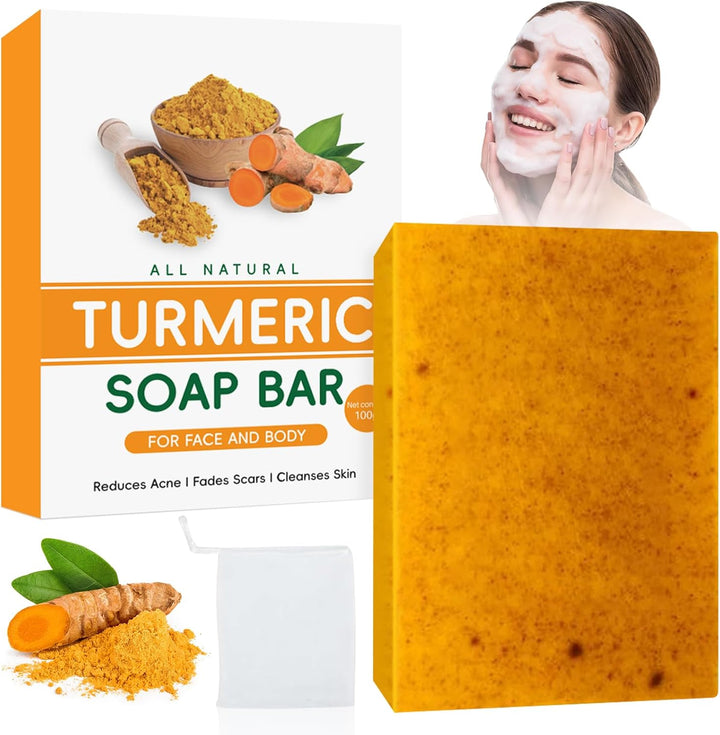 2PCS Turmeric Soap Bar, Natural Handmade Kojic Acid Soap for Face & Body, Dark Spot Acne Blackheads Remover for Even Skin Tone, Moisturizing Erase Fine Lines, Gentle Vitamins C Soaps with Foaming Nets