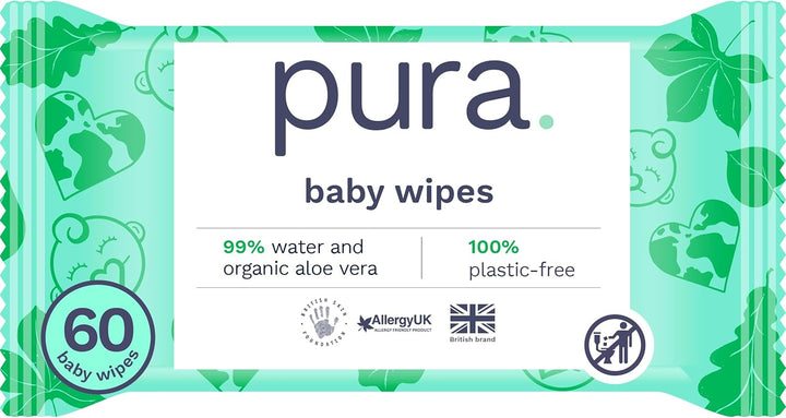 Eco Flushable Baby Wipes - 1 Pack (60 Wipes) 100% Plastic Free, 99% Water, Suitable for Sensitive, Eczema Prone Skin, Newborn Baby & Toddlers, Biodegradable, Vegan, Potty Training