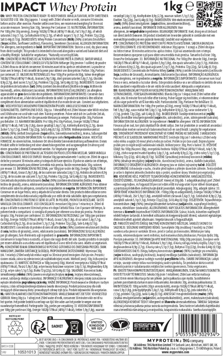 Impact Whey Protein Powder – Vanilla Flavour– 1Kg, 22G of Protein per Serving, Supports Muscle Building, Recovery & Lean Muscle Maintenance - 33 Servings