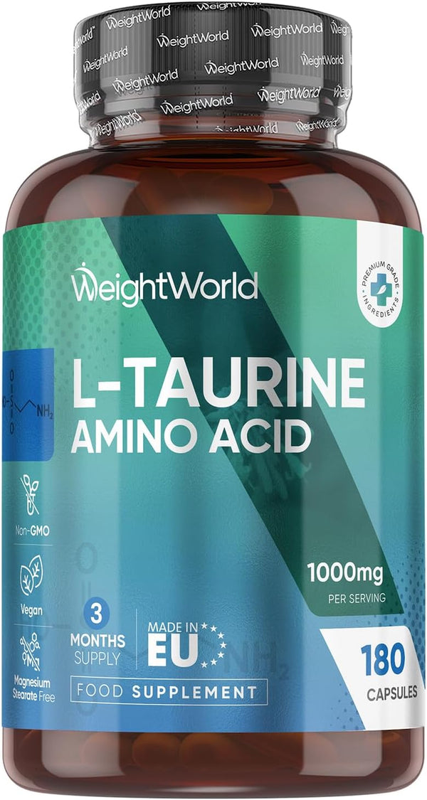 L-Taurine 1000Mg Capsules - 180 Capsules - 3 Months Supply - Amino Acid Taurine Supplement - Easy to Take - Vegan-Friendly, Non-Gmo & Gluten-Free - for Men & Women - Made in EU