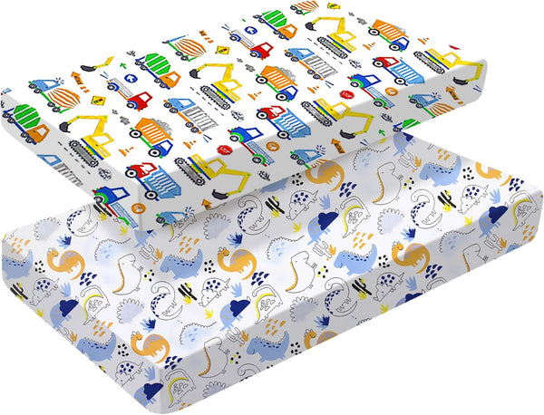 2 Pack Cot Bed Fitted Sheets 140 X 70Cm for Girl Boys | Bedding for Cot Bed | Easy Care Soft Cotton and Dureable, Unique Car & Dinosaur Pattern Baby Crib Sheets