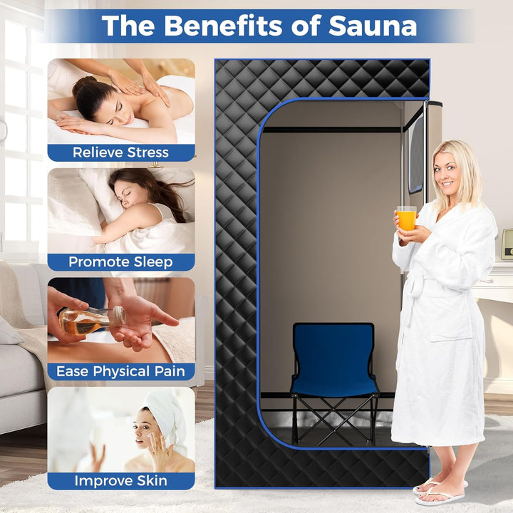 Portable Sauna Steam for Home, Full Body Sauna Tent Steam Room with 3L Steamer Generator, Remote Control and Folding Chair, Personal Home Sauna Pod Box for Therapy Detox Slimming (Black)