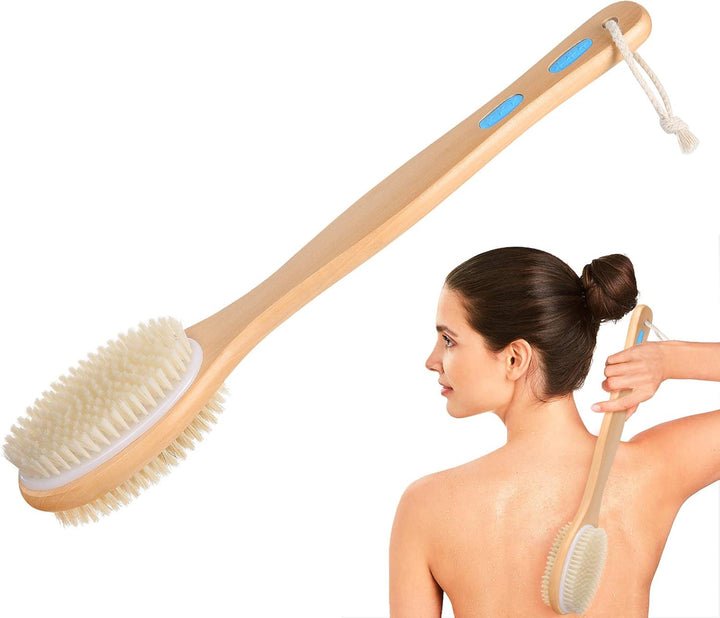 Body Brush, Natural Bristle Shower Brush, Dry Brushing Back Scrubber for Exfoliating, Massage, Improve Blood Circulation Cellulite