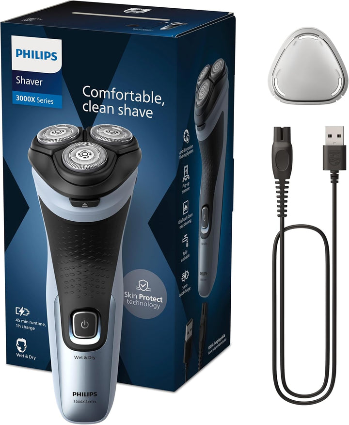 Electric Shaver Series 3000X - Wet & Dry Electric Shaver for Men in Deep Black, with Skinprotect Technology, Pop-Up Beard Trimmer, Ergonomic Men'S Shaver (Model X3001/00)