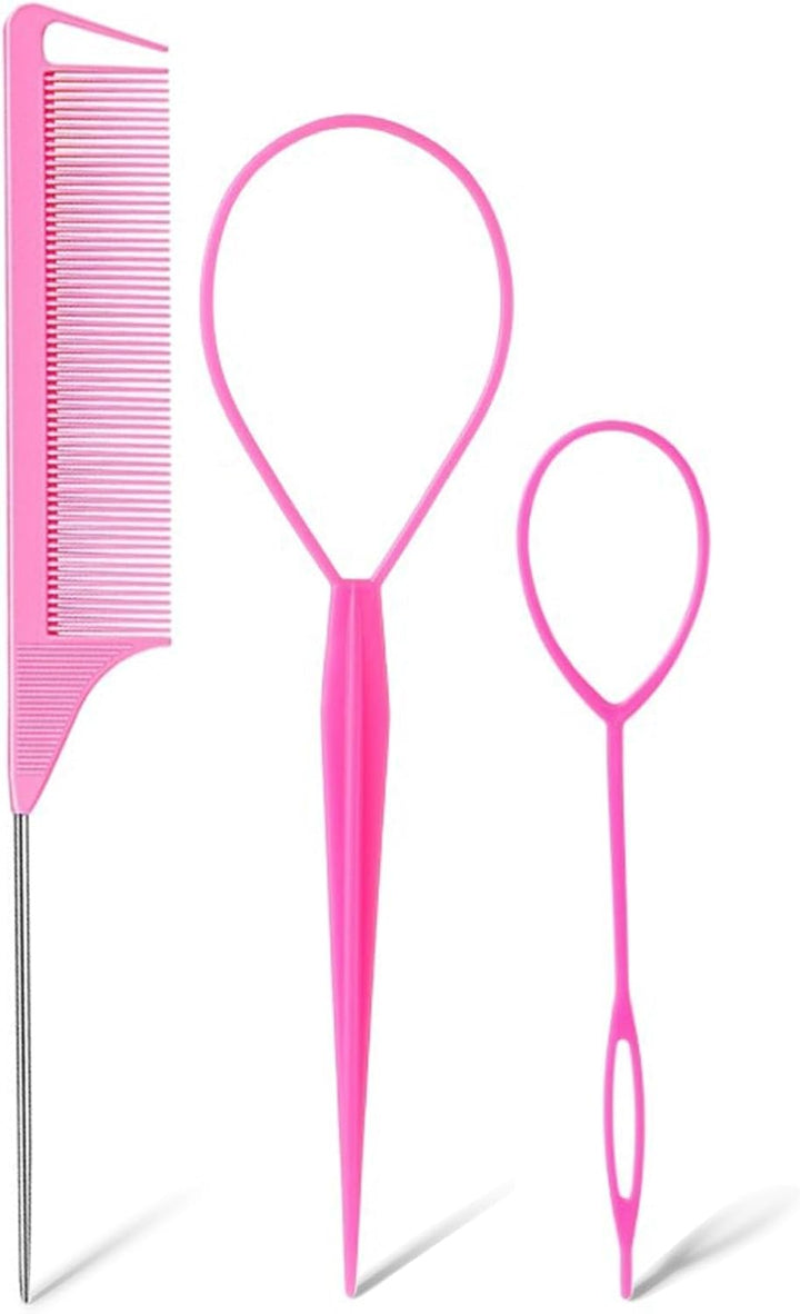 3Pcs Topsy Tail Hair Tool, Hair Braiding Tool French Braid Loop Tool, Rat Tail Comb Fast Hair Styling Accessories (Black)