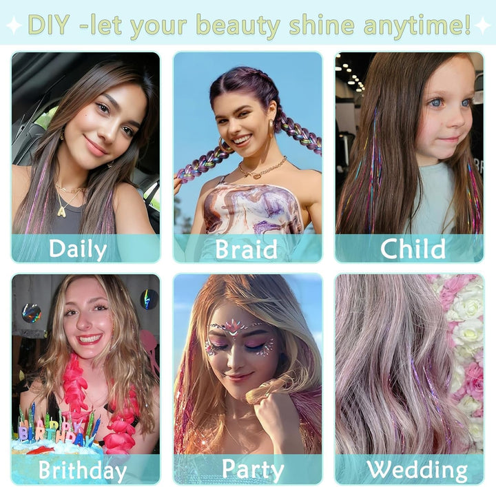 Hair Tinsel,18 Colors Hair Tinsel Kit for Girls 7600 Strands Fairy Tinsel Hair Extensions Holographic Hair Tinsel Heat Resistant Colored Hair Glitter Christmas Party Festival