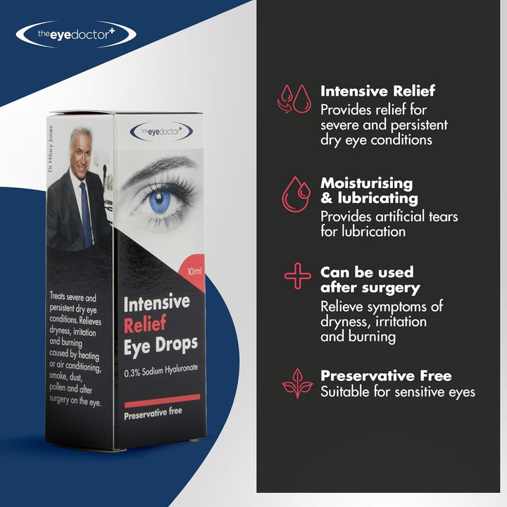 Intensive Dry Eye Drops - Preservative Free Eyedrops for Dry Eye Relief - Gently Calms Itchy, Sore & Infected Eyes - Suitable for Contact Lenses with 0.3% Sodium Hyaluronate - 10Ml