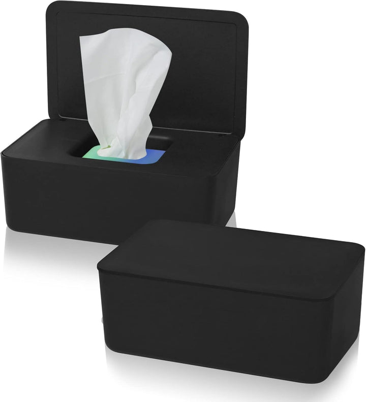 2 Pcs Wet Wipes Dispenser Box, Wet Wipes Storage Box with Lid Tissue Box Holder Rectangular, Baby Nappy Wipes Case for Toilet, Bathroom - Black