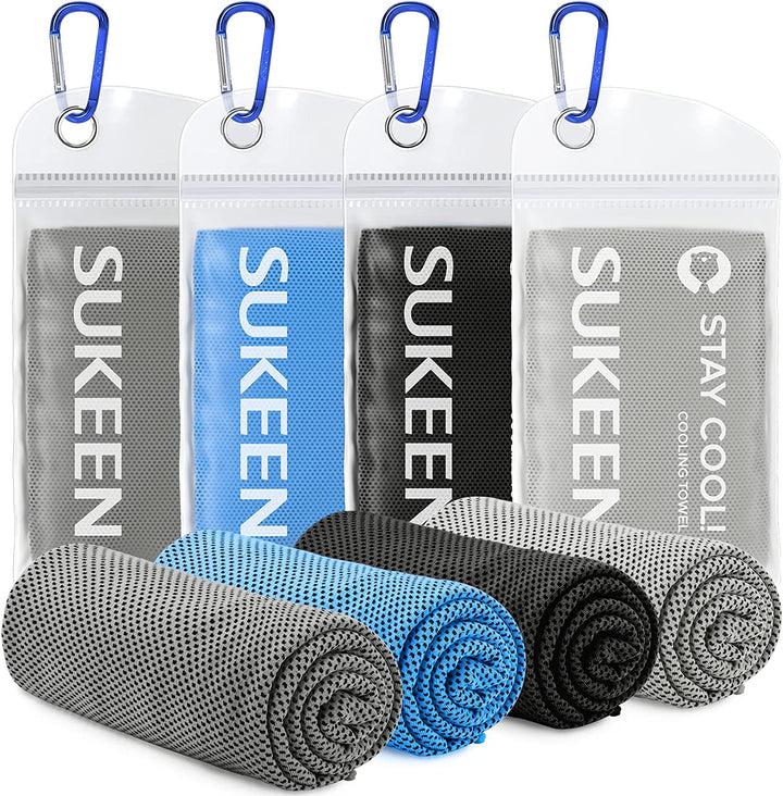 Cooling Towel 4 Pack - Stay Cool Ice Towels for Neck, Gym Use - Men and Women (2 Grey, 2 Black)