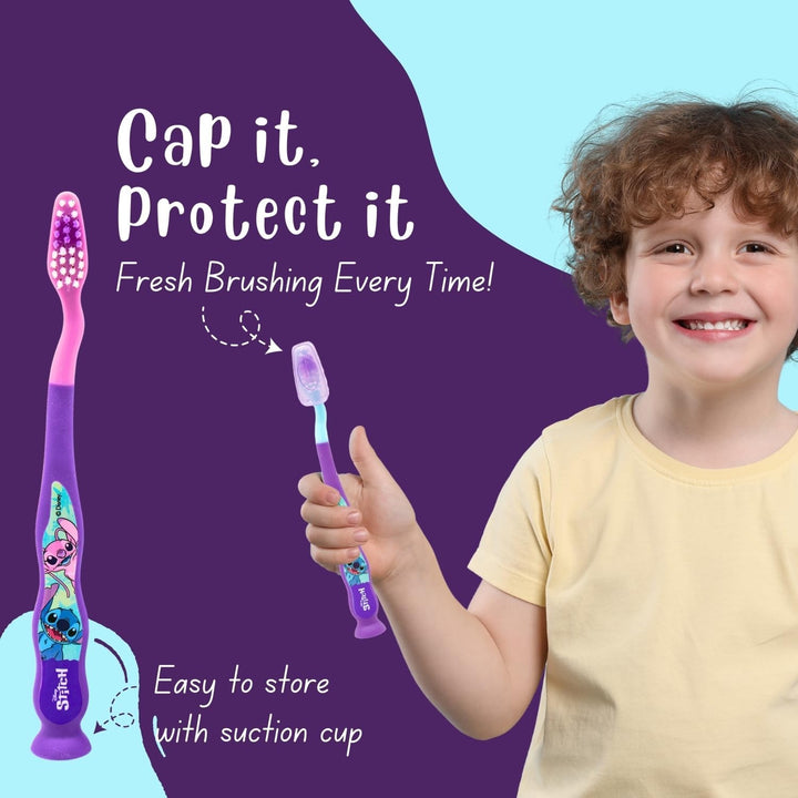 Disney Stitch Little Teeth Toothbrush for Kids with Protection Cap, Soft Rounded Bristles, Comfortable Handle Grip and Suction Cup for Upright Storage for Children Ages 3+
