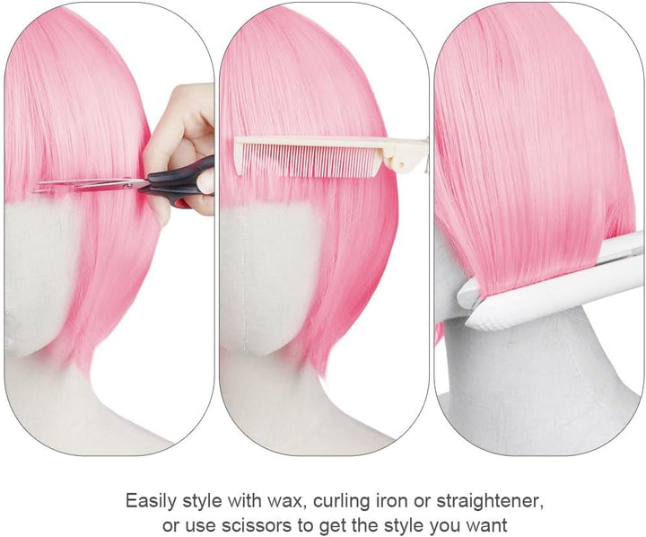 Pink/B Short Bob Wig for Women, 3 PCS, Synthetic Straight Wig, Heat Resistant, Modern Style, Perfect for Cosplay, Parties & Everyday Use