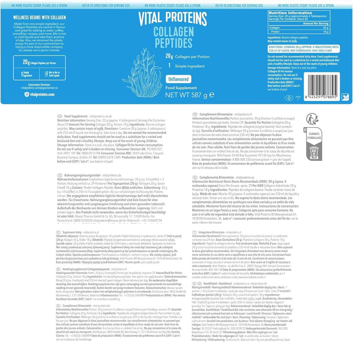 Collagen Peptides Powder Supplement (Type I, III), Unflavoured Hydrolyzed Collagen-Hair, Skin, Nail Support Supplement, Paleo, Gluten Free, Non-Gmo, 20G per Serving 587G Canister, 1Pack