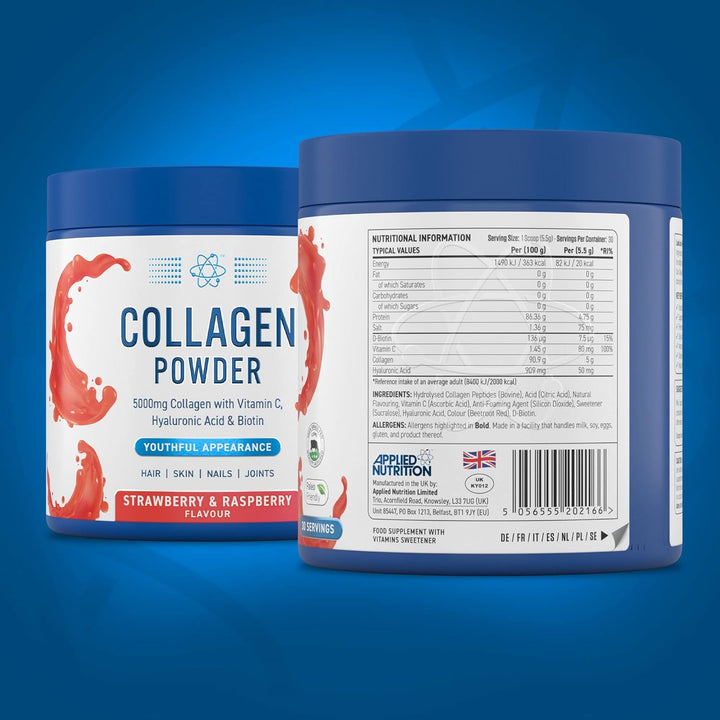 Collagen Powder - Strawberry & Raspberry Flavour - 5000Mg Hydrolysed Bovine Flavoured Collagen Peptides with Vitamin C, Hyaluronic Acid & Biotin (165G - 30 Servings)