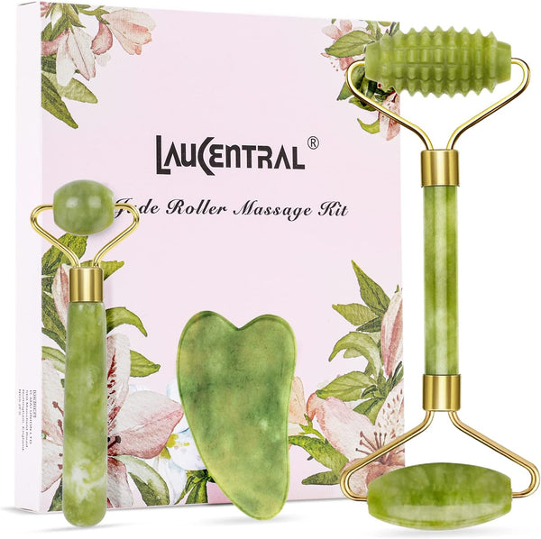 【3 Pcs】Jade Roller & Gua Sha Massage Kits,  Natural Anti-Aging Face Roller for Eye Puffiness Treatment, Skin Tightening, Rejuvenate Face & Neck, Natural Green Massager