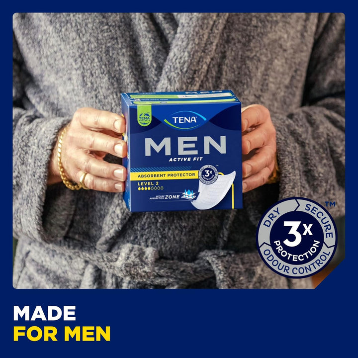 Men Absorbent Protector Incontinence Pads, Level 2, 60 Incontinence Pads (10 X 6 Packs) for Men of All Ages, Cup-Shaped for Medium Bladder Weakness, Urine Leakage and Drips