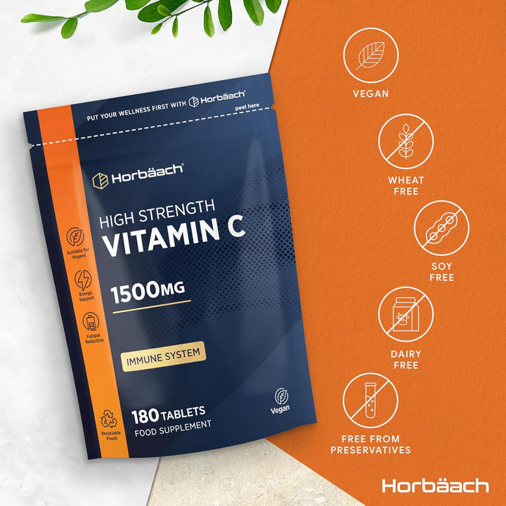 Vitamin C Tablets 1500Mg | 180 Count | High Strength Vitamin C as Ascorbic Acid | Suitable for Vegetarian and Vegan | by